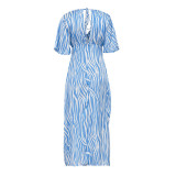 Short Sleeve Satin Flowy Slimming Backless Floral Print Maxi Dress