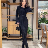 Tie-neck Flared Long Sleeve Pleated Detail Maxi Dress