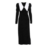 Monochrome Clash Doll Collar Long Sleeve Split Hem Maxi Dress