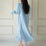 Solid Color Long Sleeve Stand Collar Design Sense Shirt Dress Women French Casual Split Long Dress