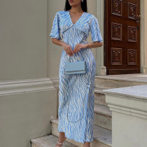 Short Sleeve Satin Flowy Slimming Backless Floral Print Maxi Dress