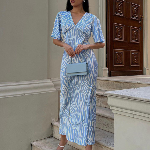 Short Sleeve Satin Flowy Slimming Backless Floral Print Maxi Dress
