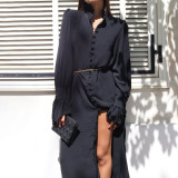 Solid Color Long Sleeve Stand Collar Design Sense Shirt Dress Women French Casual Split Long Dress