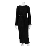Tie-neck Flared Long Sleeve Pleated Detail Maxi Dress
