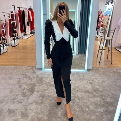 Monochrome Clash Doll Collar Long Sleeve Split Hem Maxi Dress
