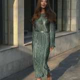 Tie-neck Flared Long Sleeve Pleated Detail Maxi Dress