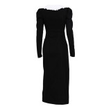 Monochrome Clash Doll Collar Long Sleeve Split Hem Maxi Dress