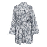 Chinese Style Ink Print Bubble Sleeve Stand Collar Retro A-line Dress