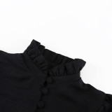 Solid Color Long Sleeve Stand Collar Design Sense Shirt Dress Women French Casual Split Long Dress