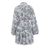 Chinese Style Ink Print Bubble Sleeve Stand Collar Retro A-line Dress