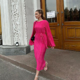Tie-neck Flared Long Sleeve Pleated Detail Maxi Dress