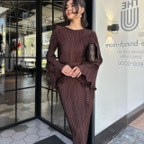 Tie-neck Flared Long Sleeve Pleated Detail Maxi Dress