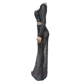 Women's Solid Color Mesh Beaded Long Sleeve Top Long Skirt Two Piece Set