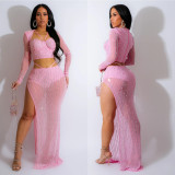 Women's Solid Color Mesh Beaded Long Sleeve Top Long Skirt Two Piece Set