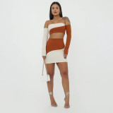 Summer Contrast Color Wrapped Off Shoulder Skirt Set