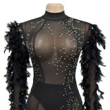 Women Solid Mesh Beaded Long Sleeve Mini Dress
