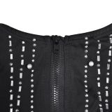 Women's Solid Color Mesh Beaded Long Sleeve Top Long Skirt Two Piece Set