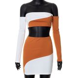 Summer Contrast Color Wrapped Off Shoulder Skirt Set