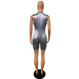 Women Biker Shorts Summer Short Sleeve Zipper Rompers Club Party Bodysuit