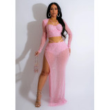 Women's Solid Color Mesh Beaded Long Sleeve Top Long Skirt Two Piece Set