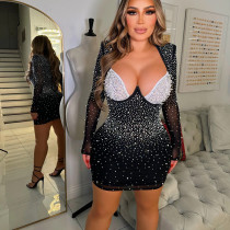 Women's Solid Color Beaded Mesh Long Sleeve Bodycon Dress Women's Solid Color Beaded Mesh Long Sleeve Bodycon Dress