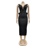 Women Solid V-neck Sexy Backless Dress