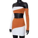 Summer Contrast Color Wrapped Off Shoulder Skirt Set