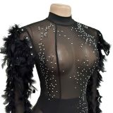 Women Solid Mesh Beaded Long Sleeve Mini Dress