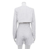 Long-sleeve Deep V-neck Top with Jacket and High-waisted Striped Shorts Set