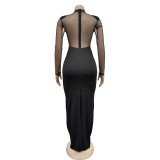 Women Solid Mesh Beaded Long Sleeve Dress
