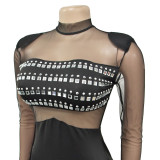 Women Solid Mesh Beaded Long Sleeve Dress