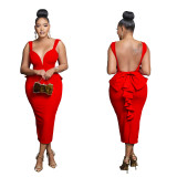 Women Solid V-neck Sexy Backless Dress