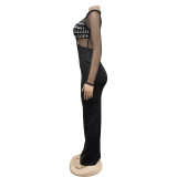 Women Solid Mesh Beaded Long Sleeve Dress