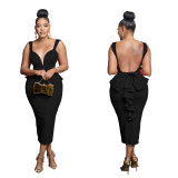 Women Solid V-neck Sexy Backless Dress