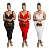 Women Solid V-neck Sexy Backless Dress