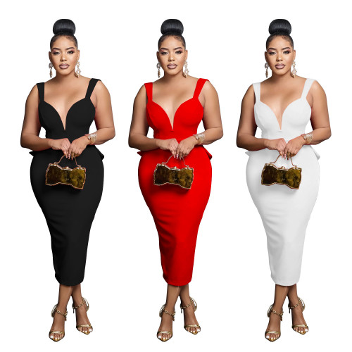 Women Solid V-neck Sexy Backless Dress