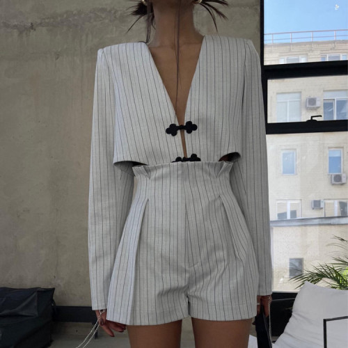 Long-sleeve Deep V-neck Top with Jacket and High-waisted Striped Shorts Set