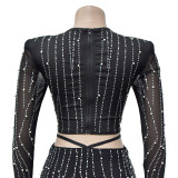 Women's Solid Color Mesh Beaded Long Sleeve Top Long Skirt Two Piece Set
