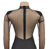 Women Solid Mesh Beaded Long Sleeve Dress