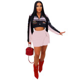 Women Printed Motorcycle Baseball Suit Zipper Skirt Two Piece Set