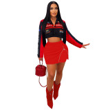 Women Printed Motorcycle Baseball Suit Zipper Skirt Two Piece Set