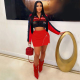 Women Printed Motorcycle Baseball Suit Zipper Skirt Two Piece Set