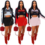 Women Printed Motorcycle Baseball Suit Zipper Skirt Two Piece Set