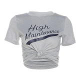 Women's Letter Print Round Neck Slim Fit Crop Top Fashion Casual Tee