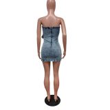 Denim Multi Pocket Strapless Mini Dress