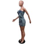 Denim Multi Pocket Strapless Mini Dress
