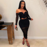 Women Bodycon Pleated Long Sleeves Solid Patchwork Club Skirts 2pcs