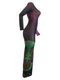 Sexy Print See-Through O Neck Long Dresses