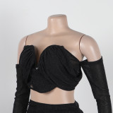 Women Bodycon Pleated Long Sleeves Solid Patchwork Club Skirts 2pcs