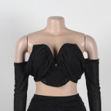 Women Bodycon Pleated Long Sleeves Solid Patchwork Club Skirts 2pcs